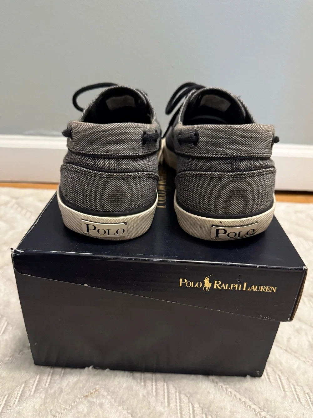 Polo by Ralph Lauren Men's Gray Canvas Boat Shoes with Black Laces